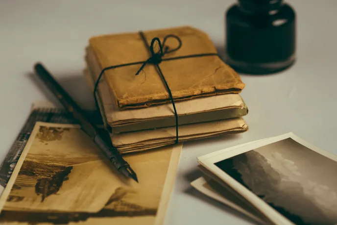 A bundle of aged letters tied with black string, beside a dip pen, an ink bottle and a scatter of old photographs.